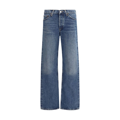 Agolde Blue Cotton Straight-Leg Jeans with V-front and five-pocket style, featuring belt loops and regular fit for versatile wear.
