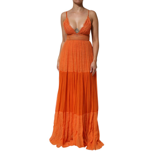 Alberta Ferretti Orange Lace Bustier Layered Maxi Dress with plunging neckline and flowing skirt.