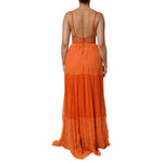 Back view of Alberta Ferretti Orange Lace Bustier Layered Maxi Dress with lace details and repaired rip.