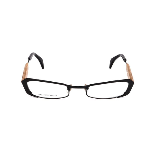 Alexander McQueen Black Metal Frames with rectangular lenses and wood accents, unisex fashion eyewear.
