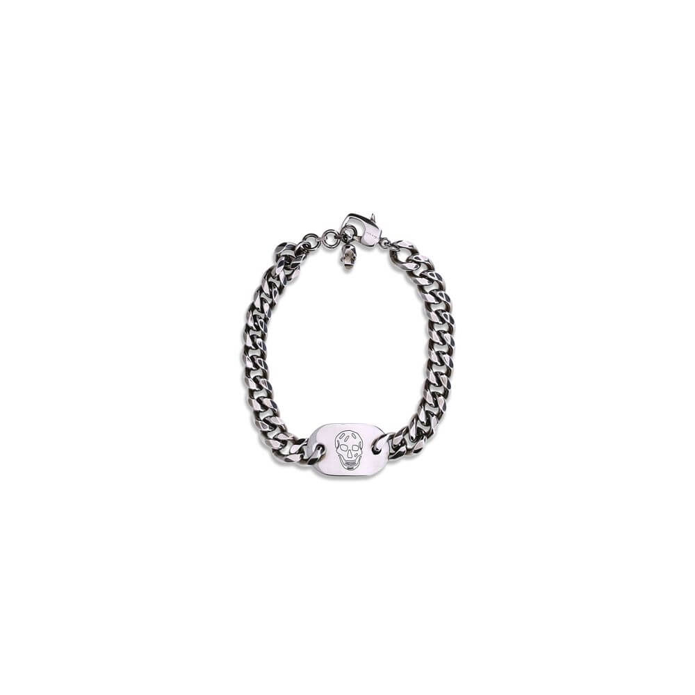 Alexander McQueen Silver Brass Bracelet with skull tag and lobster clasp, antiqued silver finish chain, AW25 collection.