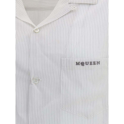 Alexander McQueen White Viscose Pattern Shirt with embroidered logo and front button closure, showcasing a thin striped Hawaiian design.