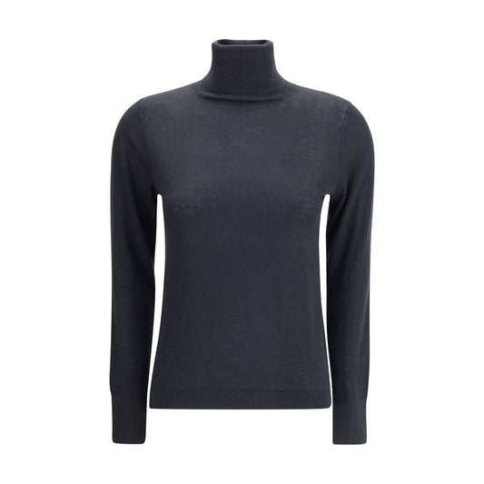 Allude Black Cashmere Turtleneck with ribbed collar and gray mélange pattern for elegant cold season style.