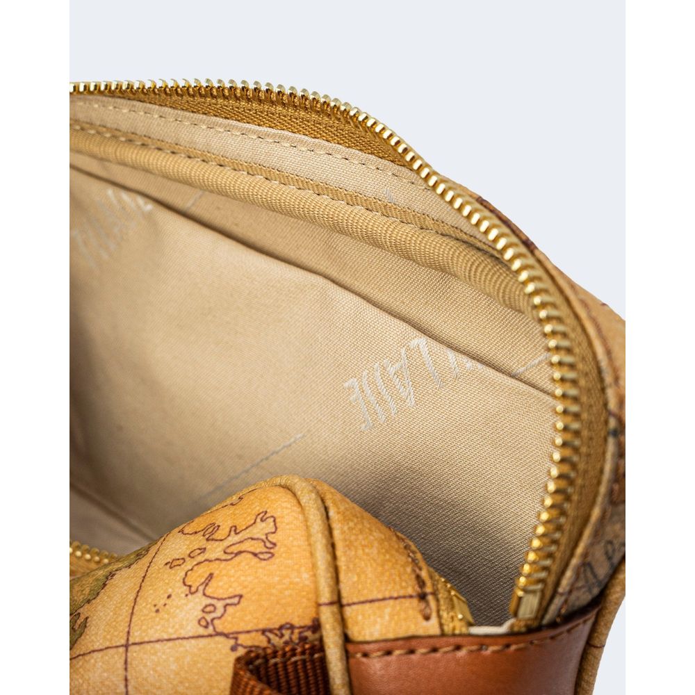 Close-up of the interior detailing of Alviero Martini Prima Classe Beige Leather Belt Bag with gold zipper and map print lining.