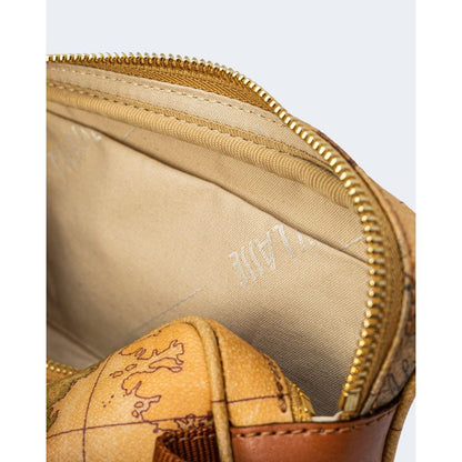Close-up of the interior detailing of Alviero Martini Prima Classe Beige Leather Belt Bag with gold zipper and map print lining.