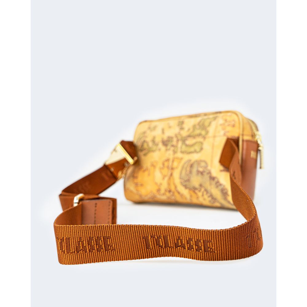 Alviero Martini Prima Classe Beige Leather Belt Bag with map design and adjustable brown strap.