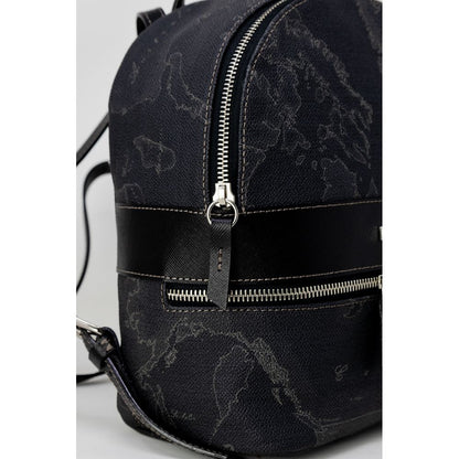 Close-up of Alviero Martini Prima Classe Black Leather Backpack with zip closure and elegant design.