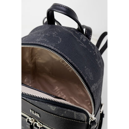 Open view of Alviero Martini Prima Classe Black Leather Backpack showing interior lining and zip closure.
