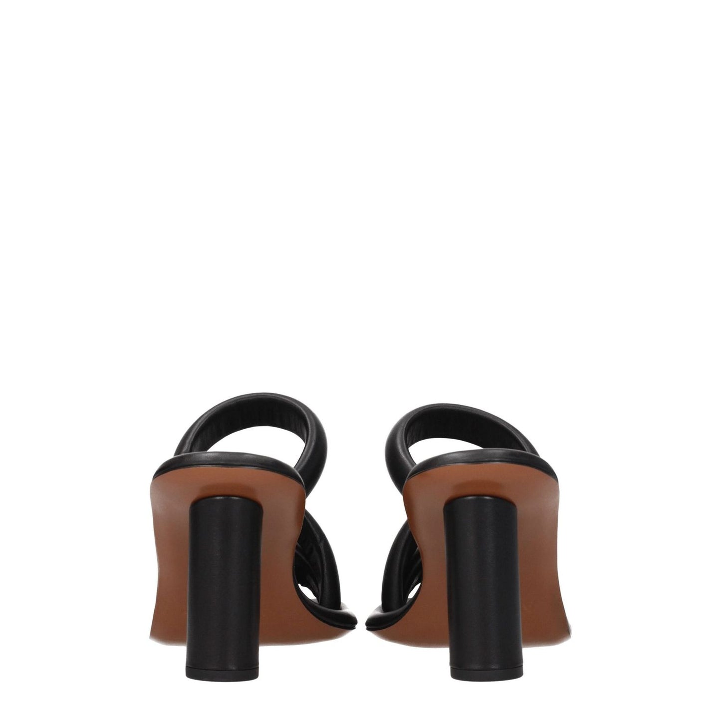 Rear view of Ambush Black Leather Stiletto Heel Sandals with open toe and high heel design, featuring leather sole and rhinestones.