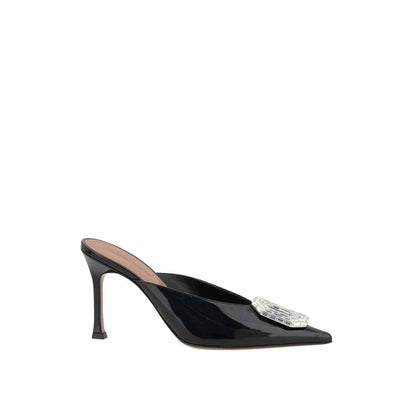 Amina Muaddi Black Leather Mules with pointed toe and patent effect, 9 cm heel, women's footwear made in Italy, featuring 100% leather composition.
