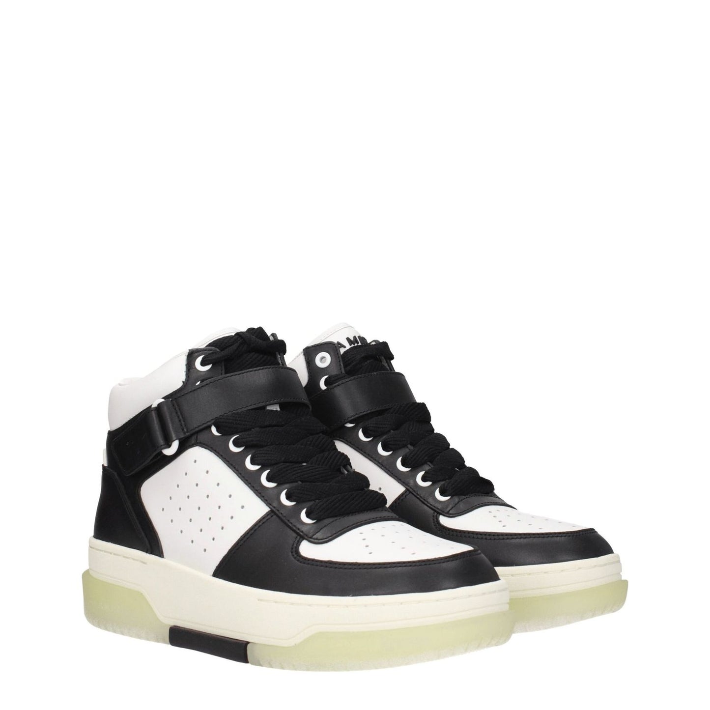 Amiri Black Leather High Top Sneakers with lace-up closure and wedge heel, featuring black and white leather design and rubber sole. MPN: MFS005004.