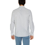 Back view of Antony Morato White Viscose Shirt with geometric print, worn by a model, highlighting long sleeves and comfortable fit.