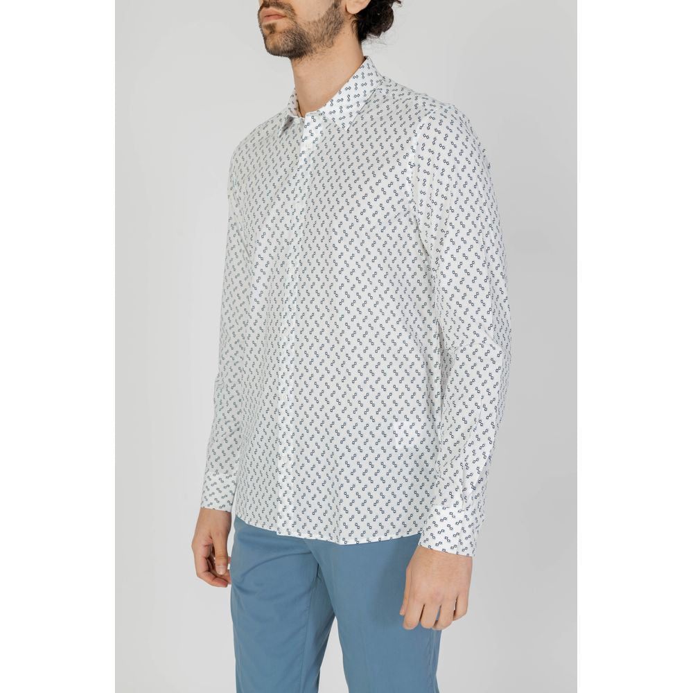 Antony Morato White Viscose Shirt with geometric print, long sleeves, classic collar, worn by a model