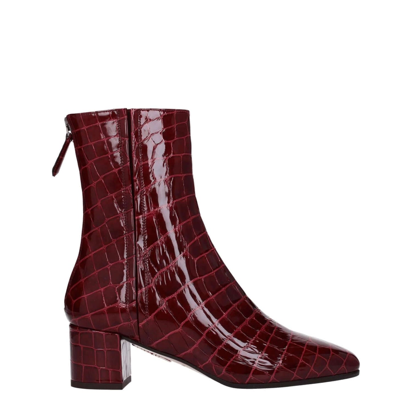 Aquazzura Red Leather Ankle Boots with crocodile print, square toe, mid heels, zip closure, and aubergine accents. MPN: GRVMIDB0CCXDKA