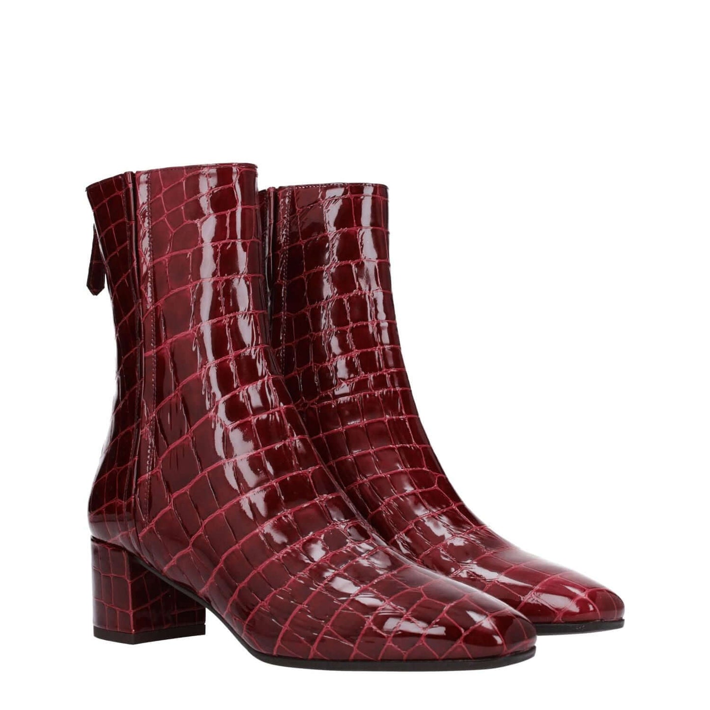 Aquazzura Red Leather Ankle Boots with crocodile print, zip closure, square toe, and mid-heels, featuring aubergine accents.