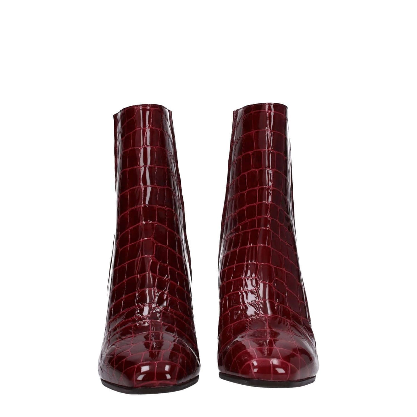 Aquazzura Red Leather Ankle Boots with crocodile print and square toe, featuring zip closure and mid heels, perfect for casual style.