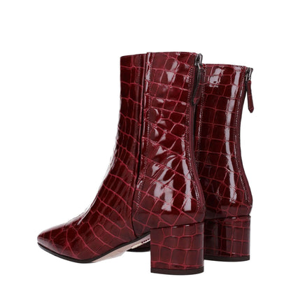 Aquazzura Red Leather Ankle Boots with crocodile print, zip closure, square toe, and mid heels, showcasing luxury and style.