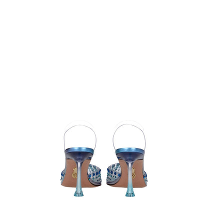Back view of Aquazzura Transparent Pvc Stiletto Heel Sandals with rhinestone accents and pointy toes, featuring sky blue mid heels and leather sole.