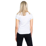 Woman wearing Armani Exchange White Cotton T-Shirt, short-sleeved, 100% cotton.
