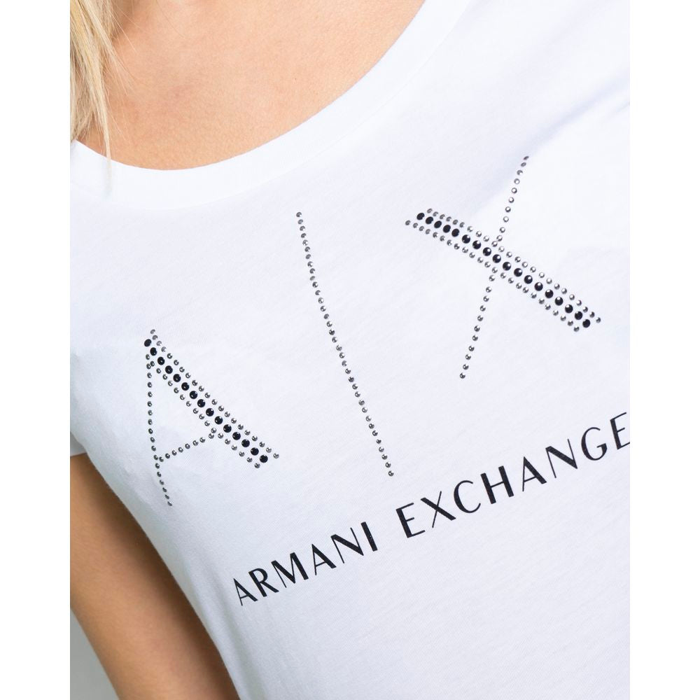 Back view of Armani Exchange White Cotton T-Shirt for women, showcasing short sleeves and 100% cotton composition.