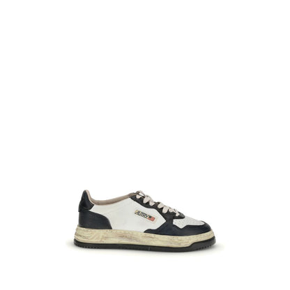 Autry Cream Leather Athletic Sneakers with black and white leather, lace-up closure, vintage midsole, and embossed heel tab.