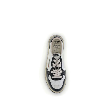 Autry Cream Leather Athletic Sneakers top view with white and black leather, perforated toe, and lace-up closure from Mihara Yasuhiro collection