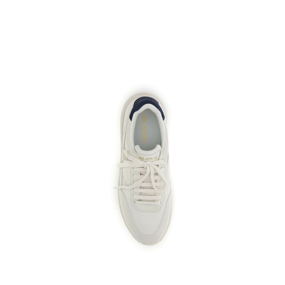 Top view of Axel Arigato White Leather Athletic Sneakers with gold logo and navy detail.