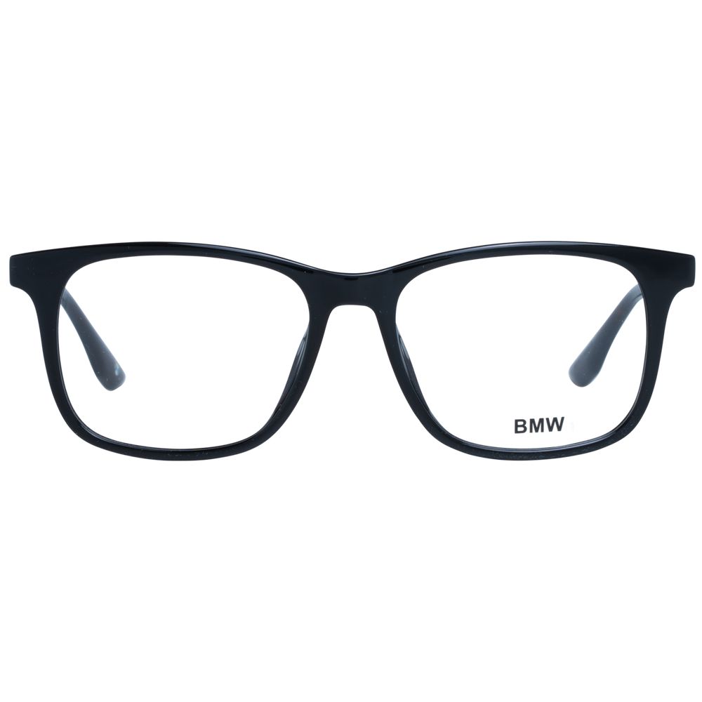 BMW Black Men Optical Frames with full-rim square black plastic frame and demo lenses, size 53-16-145, includes branded case.
