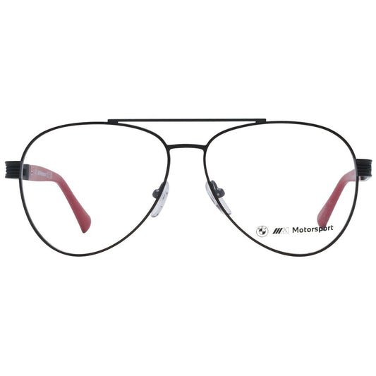 BMW Motorsport Black Men Glasses Frame, full-rim aviator style with black metal frame, demo lenses, spring hinge, branded case included.