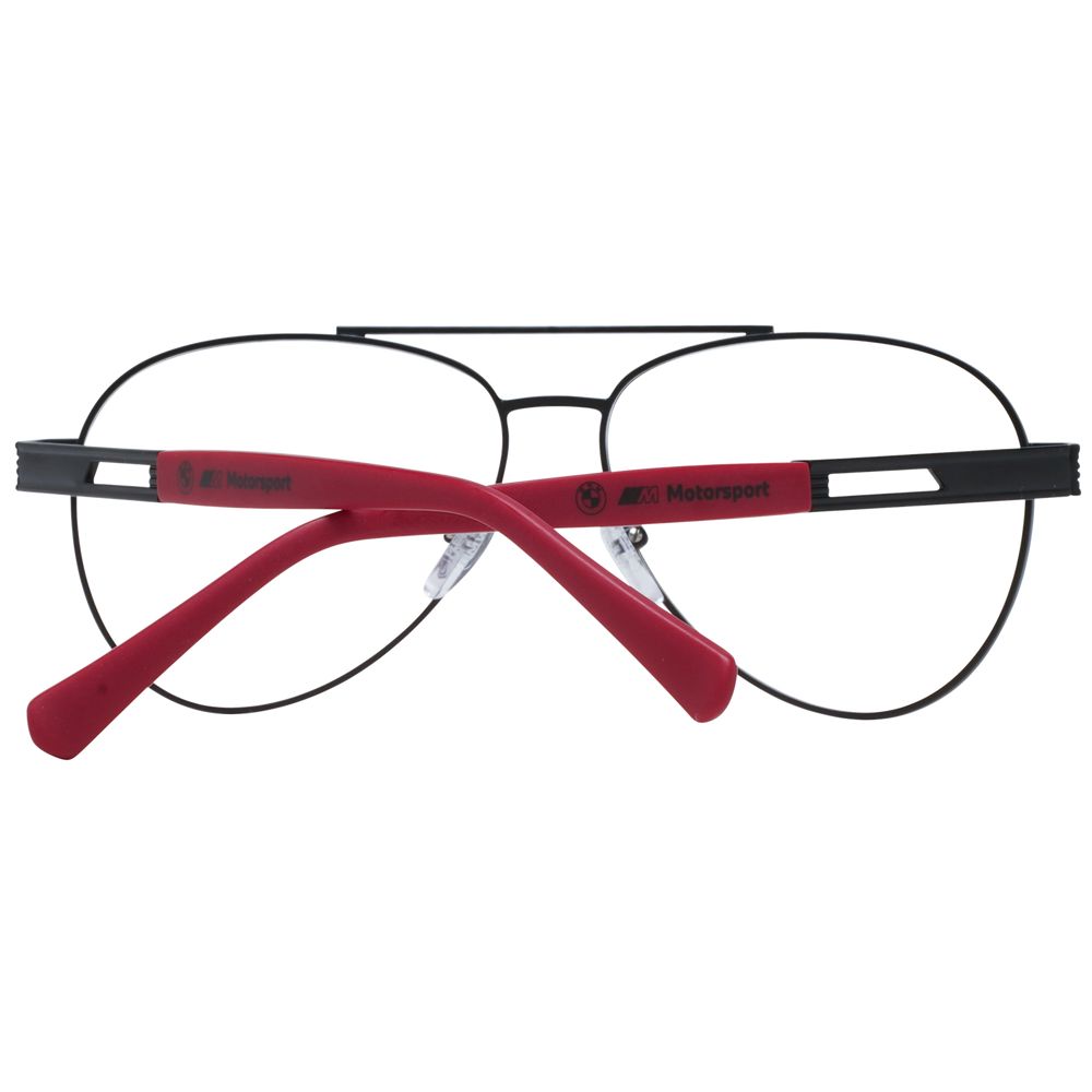 BMW Motorsport Black Men Glasses Frame in black metal with red temples, full-rim aviator style, includes branded case, ideal for men.