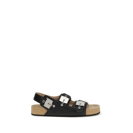 Balenciaga Black Calf Leather Bos Taurus Flat Sandals with adjustable straps and cork-lined sole.