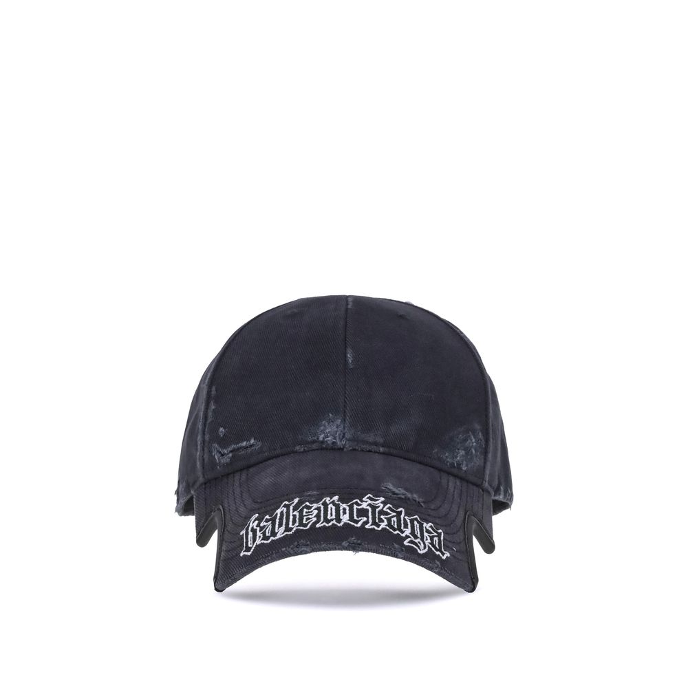 Balenciaga Black Cotton Cap (Baseball Hat) with Blackletter Script embroidery on front, AW25 collection, featuring adjustable closure.