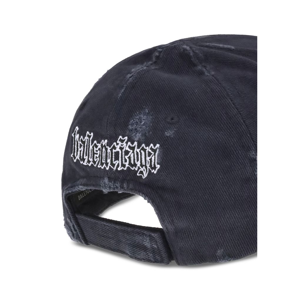 Back view of Balenciaga Black Cotton Cap (Baseball Hat) showcasing Blackletter Script embroidery, adjustable closure, and ventilation eyelets.