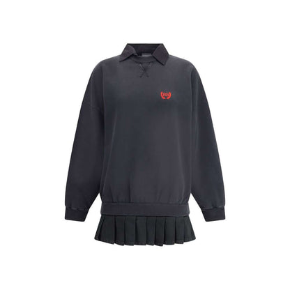 Balenciaga Black Cotton Casual Dress with embroidered logo, ribbed neck and cuffs, featuring a pleated skirt for AW25 season.