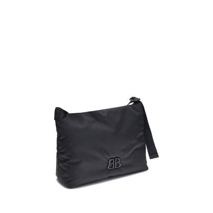Balenciaga Black Fabric Shoulder Bag with BB logo, flat strap, and magnetic flap closure, ideal for everyday use.