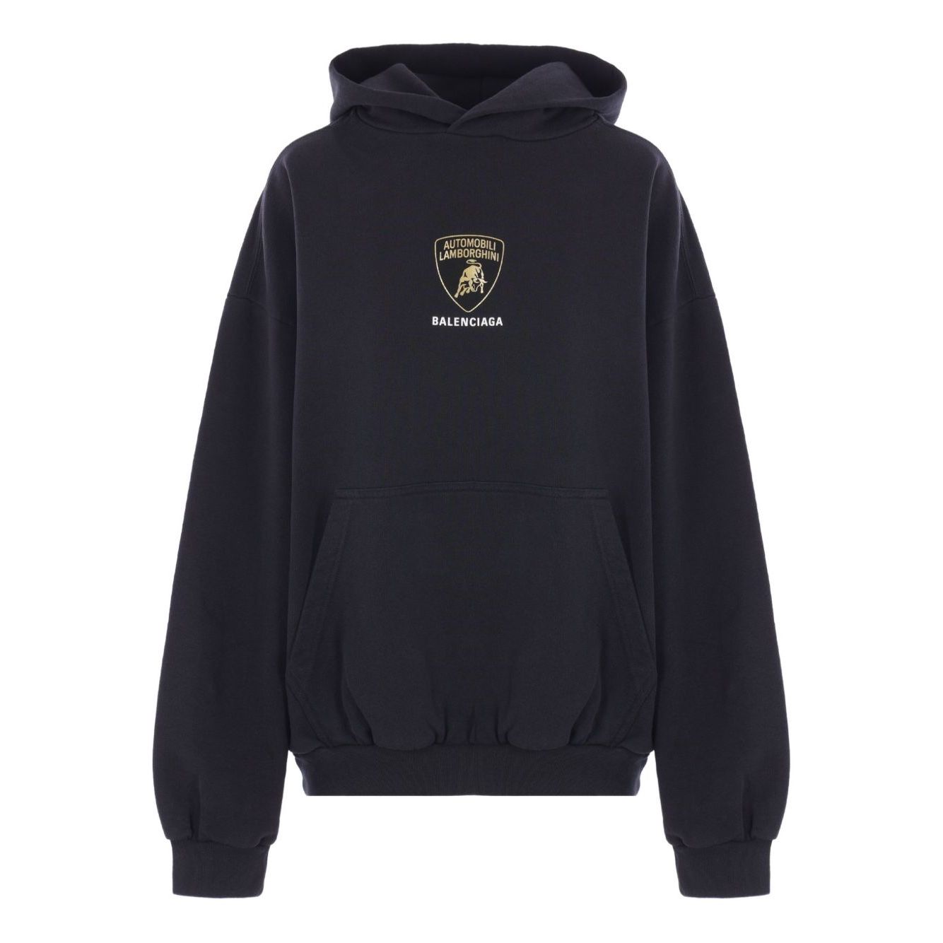 Balenciaga Sweaters Black with Lamborghini Shield, kangaroo pocket, long sleeves, ribbed trims, cotton jersey hoodie.