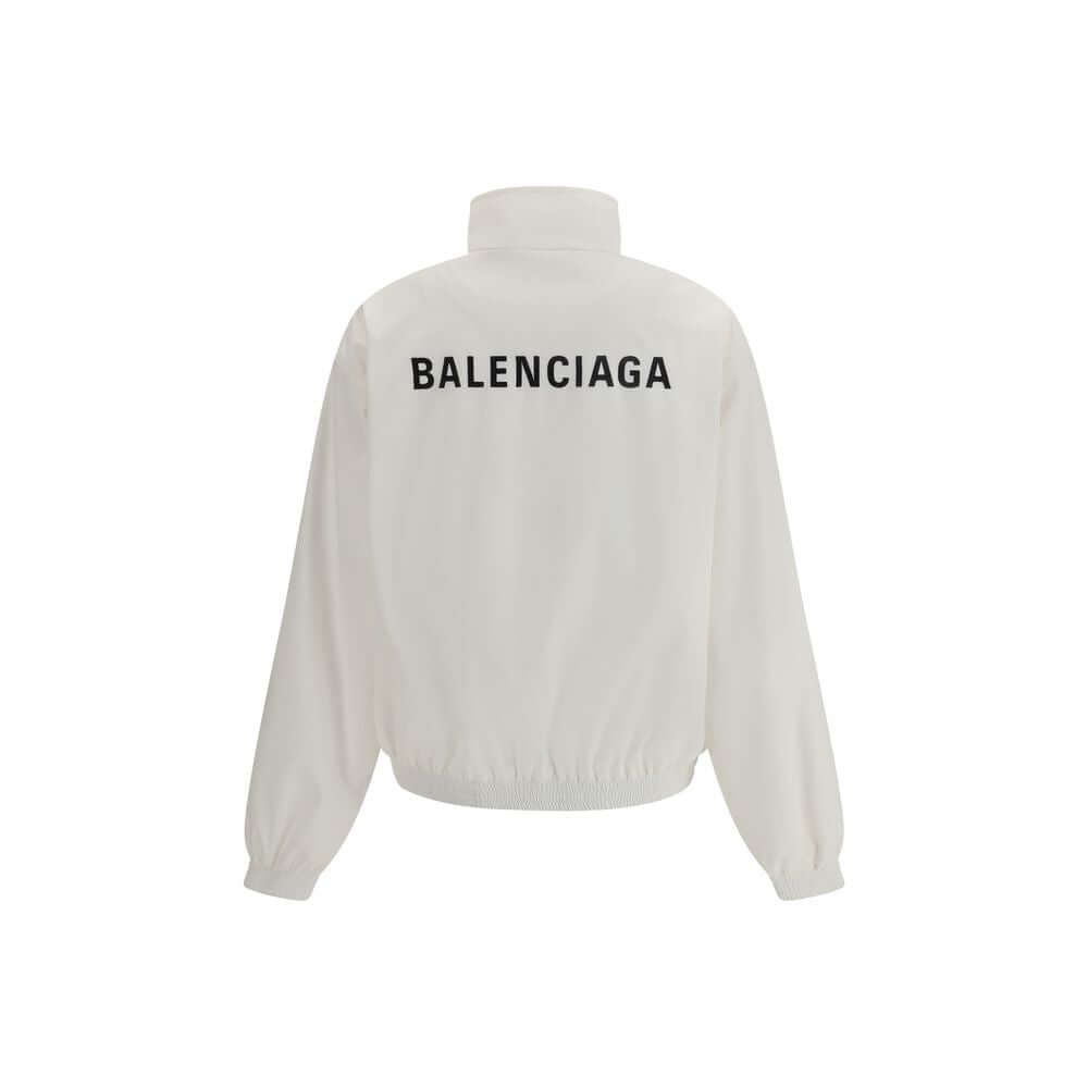 Balenciaga White Polyester Shell Jacket with logo embroidery on back, featuring high collar, elastic cuffs, and hem for AW25 season.