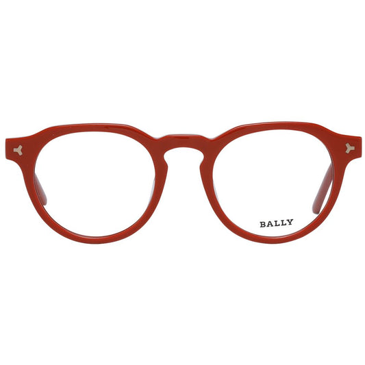 Bally Orange Men Glasses Frame, round acetate full-rim design, size 48-21-145, with demo lenses and branded case.