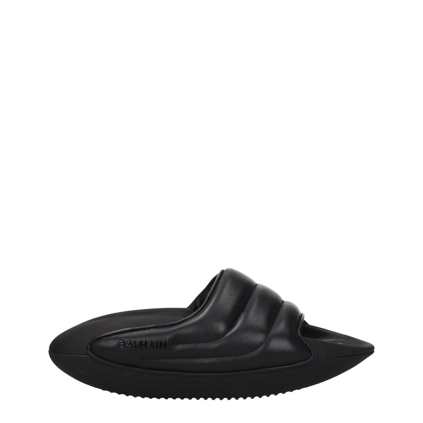 Balmain Black Leather Slippers with side logo, featuring open toe design and mid heels, crafted with leather and rubber sole for casual style.