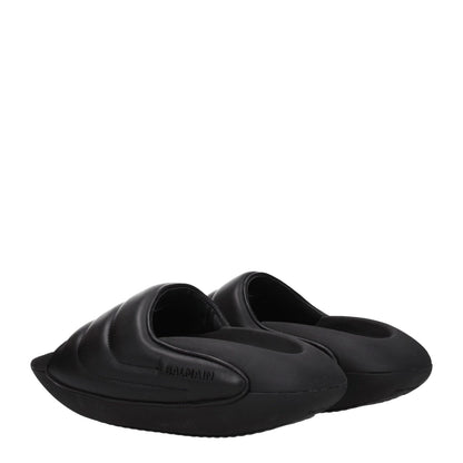 Balmain Black Leather Slippers, casual style with side logo, mid heels, rubber sole, MPN VL299LPQP0PA, open toe, 4 cm heel height.