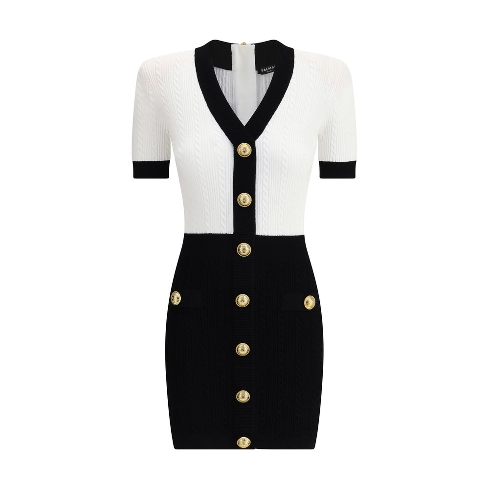 Balmain Multicolor Viscose Casual Dress with braided pattern, V-neckline, short sleeves, and embossed buttons, AW25 slim fit.