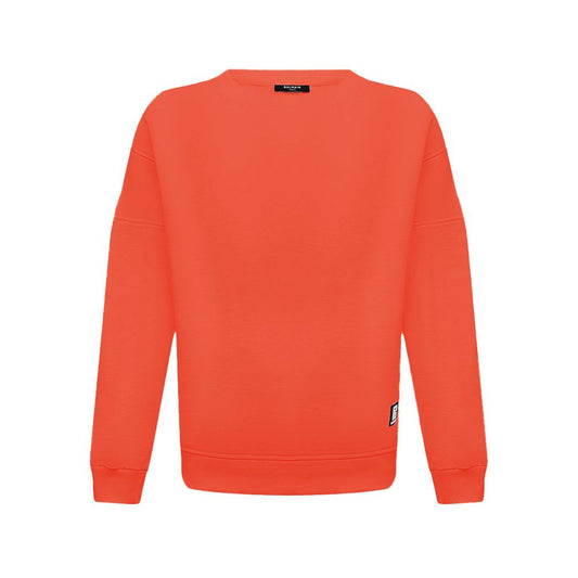 Balmain Orange Cotton Sweater with logo print, rubber logo on front, luxury designer fashion.