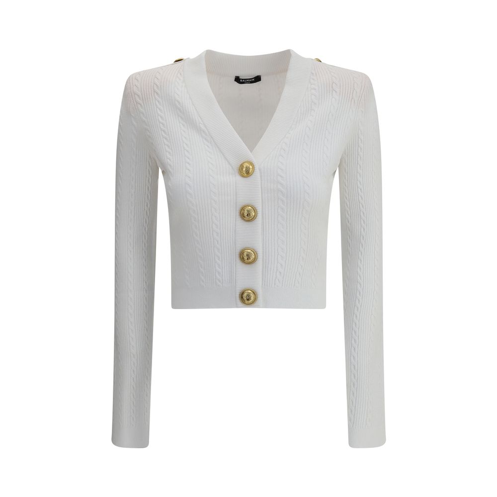 Balmain White Viscose Cardigan with ribbed texture, V-neckline, structured shoulders, and embossed buttons front view.