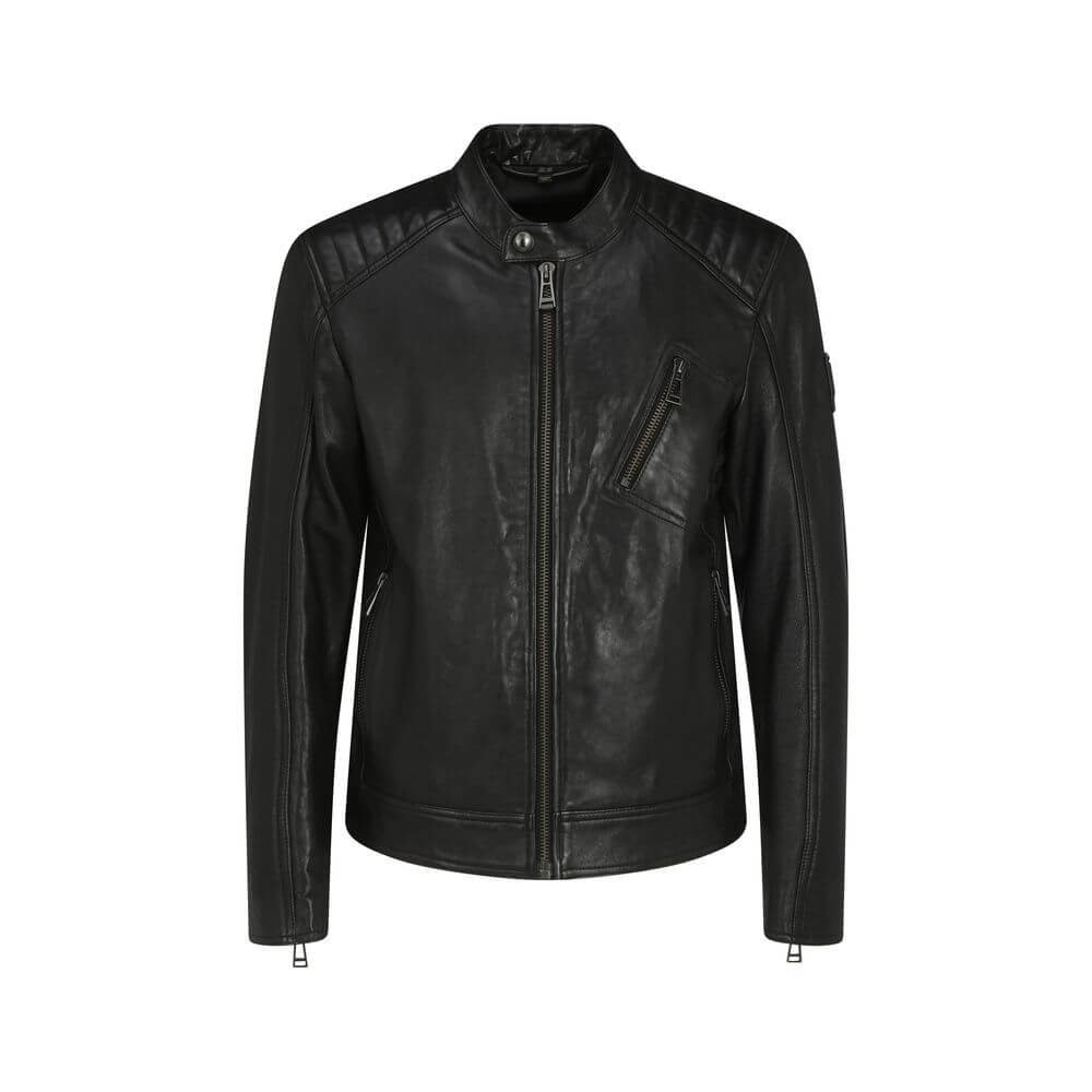 Belstaff Black Leather Jacket showcasing elegant lambskin V Racer design with front zipper closure and unique sleeve zippers.