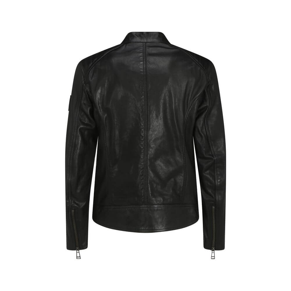 Back view of Belstaff Black Leather Jacket showcasing lambskin material and sleek design with sleeve zippers and logo patch.