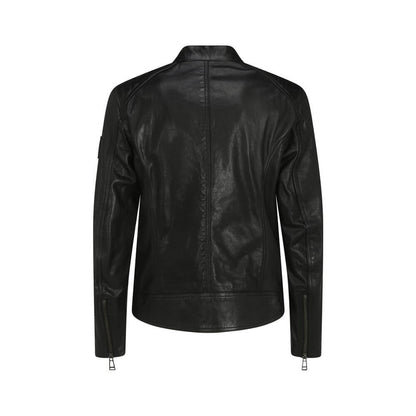 Back view of Belstaff Black Leather Jacket showcasing lambskin material and sleek design with sleeve zippers and logo patch.