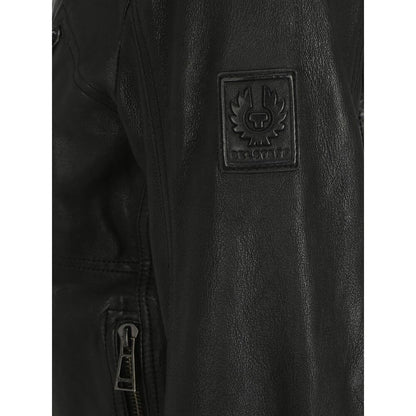 Close-up of Belstaff Black Leather Jacket with embossed logo patch and sleeve zipper detail.