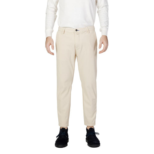 Man wearing Borghese Beige Nylon Casual Pants showcasing elegance and comfort in regular fit, crafted with 80% nylon and 20% spandex.