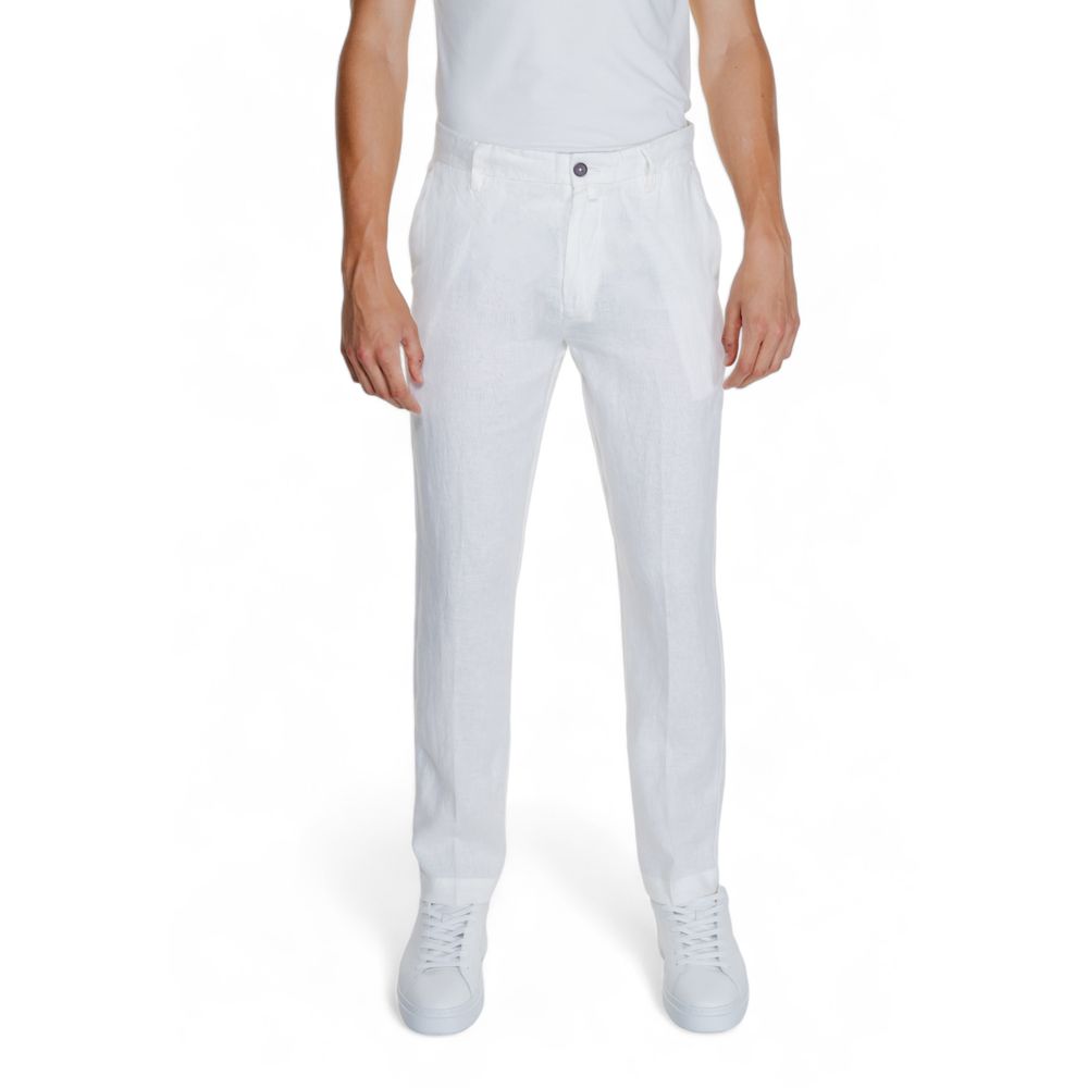 Model wearing Borghese White Linen Casual Pants, showcasing elegant and breathable 100% linen design with regular fit and zip closure.