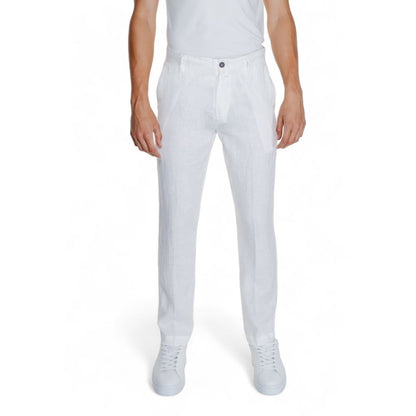 Model wearing Borghese White Linen Casual Pants, showcasing elegant and breathable 100% linen design with regular fit and zip closure.